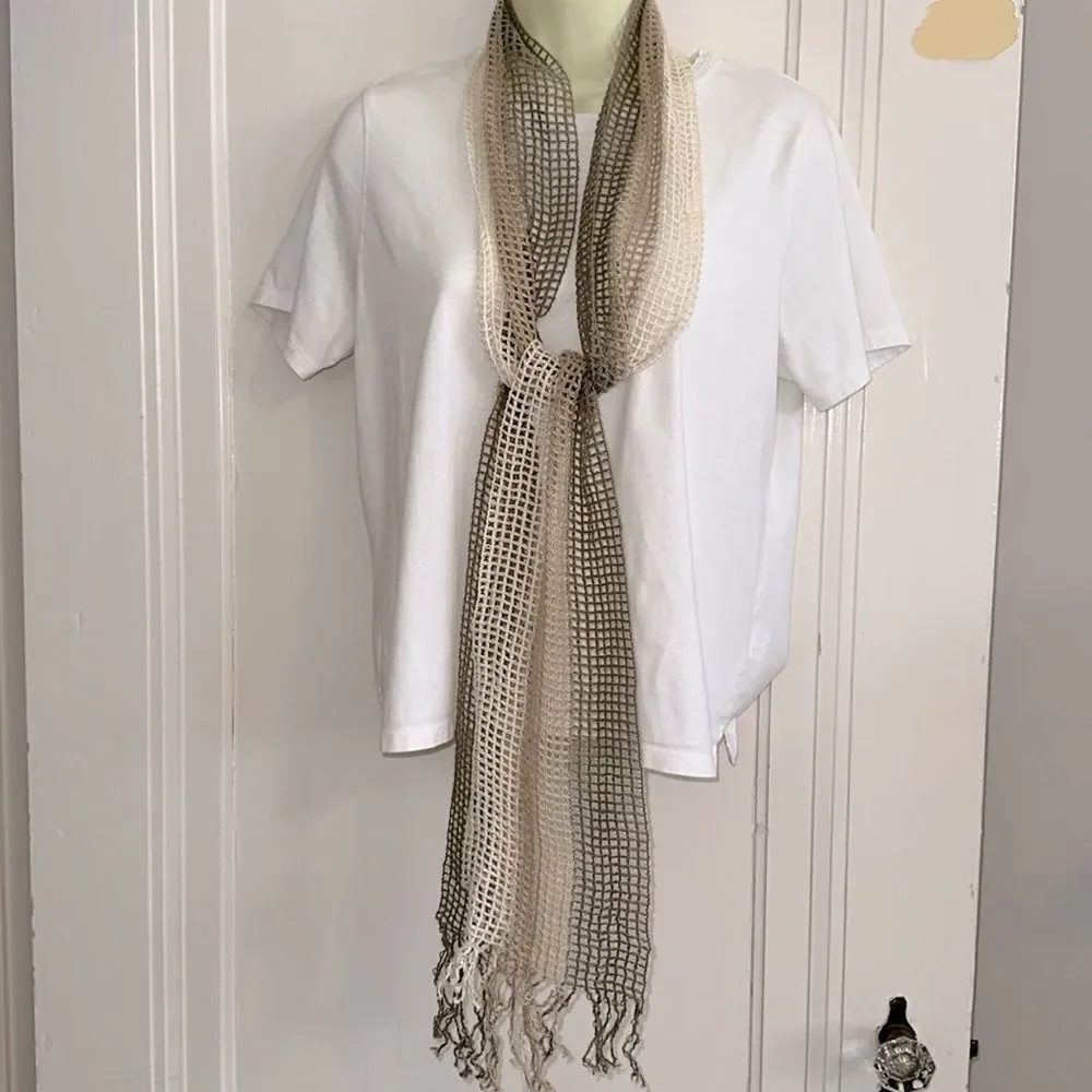 Vintage 70s/80s Open Crochet Weave Brown, Tan & Cream Scarf with Fringe Hem